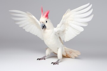Photo of a cockatoo dancing on a mini disco floor with a clean white background. Generative AI