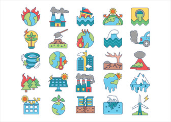 Fototapeta na wymiar Global warming colored outline icon collection, world natural disaster vector illustration set