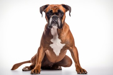 Photo of a confident Boxer dog showcasing its muscular build on a clean white backdrop. Generative AI