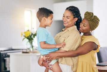 LGBT, child and happy couple hug, love and family solidarity, queer parenthood support or quality...