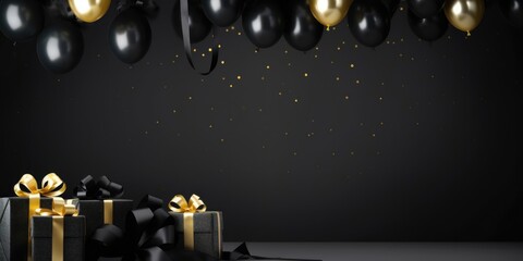 Obraz na płótnie Canvas Black Friday. Cyber Monday. Gift boxes with golden ribbon on black background with copy space for text. Generative ai