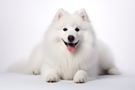 Photo of a confident Samoyed dog with a fluffy white coat against a clean white surface. Generative AI
