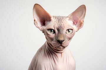 Photo of a contented Sphynx cat with its hairless skin against a clean white backdrop. Generative AI
