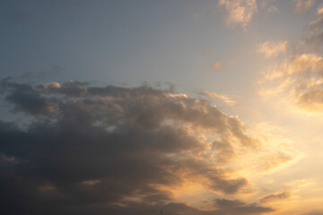 Sunset Sky on Twilight in the Evening with Orange Gold Sunset Cloud Nature Sky Backgrounds, Horizon Golden Sky, Sunrise clouds Gorgeous, Dusk sky