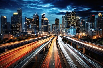Fototapeta na wymiar Bangkok Byway: Dynamic Cityscape on the Moving Forward Road at Night
