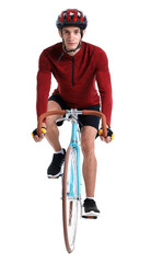Young man in helmet riding modern bicycle on white background