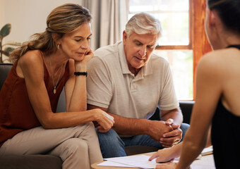Finance, savings and investment with a senior couple in a meeting with an advisor for retirement in...