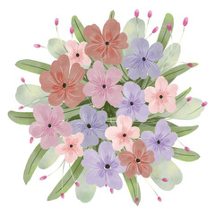 Colorful red peach violet watercolor flower bouquet with leaves illustration