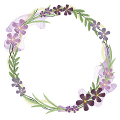 Colorful purple violet green flower wreath frame borders with splatters of alcohol ink and glitter
