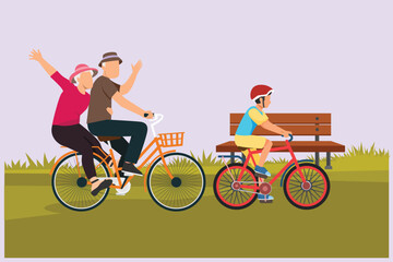 Fototapeta premium Happy Parents with his child riding bike together. Outdoor leisure activities concept. Colored flat vector illustration isolated.