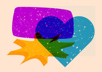 Risograph heart with speech bubble and geometric shapes. Objects in trendy riso graph print texture style design with geometry elements.