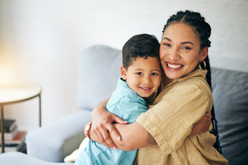 Portrait, family home and happy kid hug mom for support, motherhood care and connect in Brazil apartment. Love, sweet and hugging mama, child or people relax, embrace and enjoy quality time together - obrazy, fototapety, plakaty