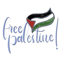 Free Palestine hand lettering with the Palestinian flag raised