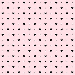 Pink black hearts and dots seamless pattern. Valentines polka dot repeating background. Heart-shaped decorative texture for textile, fabric, cover, poster, banner, print, invitation. Vector wallpaper © vika_k