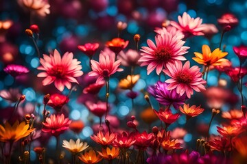 Fototapeta na wymiar Background of Vibrant Blooms in Colorful Bokeh. A Swarm of Blooms