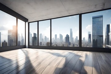 Empty loft unfurnished contemporary interior office with city skyline and buildings city from glass window