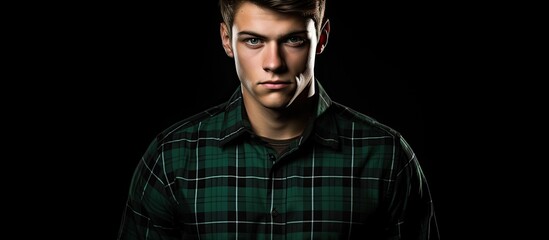 Fototapeta premium A youthful gentleman wearing a green plaid shirt stands out against a black backdrop