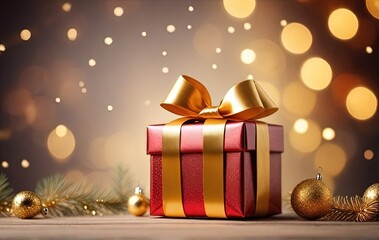 Christmas gift box with golden bow and decoration on bokeh background