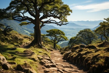 Obraz premium Hiking trail ascending a tree-lined hill with a view of the valley, Generative AI