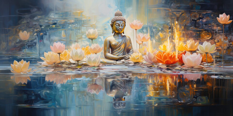 painting of buddha and colorful flowers - obrazy, fototapety, plakaty