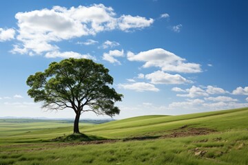 Fototapeta na wymiar Lone tree atop a rolling green hill with a clear blue sky, Generative AI