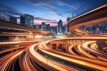 Fototapeta na wymiar Night Scene View of Bangkok: Curvy Flyover Highway with Motion Blur Effect