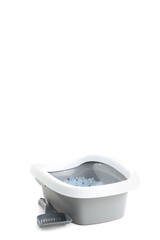 Litter box for cat with scoop on white background