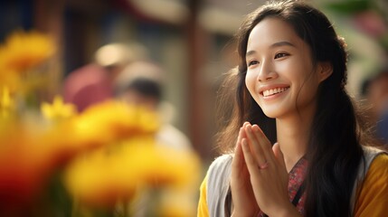 Portrait of a beautiful Thai girl paying respects, an Asian girl smiling happily with a community background. - obrazy, fototapety, plakaty