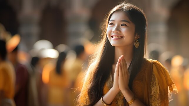 Portrait of Thai girl, Asian girl smiling happily with community background.