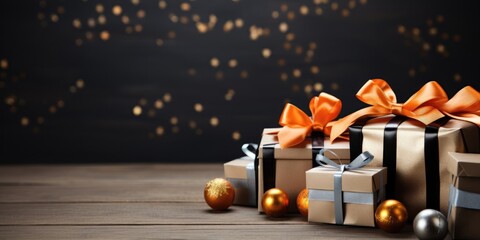Obraz na płótnie Canvas Black Friday. Cyber Monday. Gift boxes with golden ribbon on black background with copy space for text. Generative ai