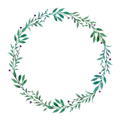 Watercolor green flower and leaves wreath borders frame