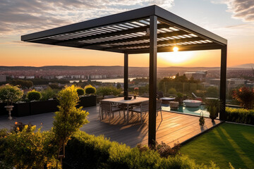 Modern patio furniture include a pergola shade structure, with a pool and grass lawn