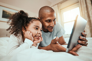 Father, girl and child with tablet in bedroom for online games, reading ebook story and watch...