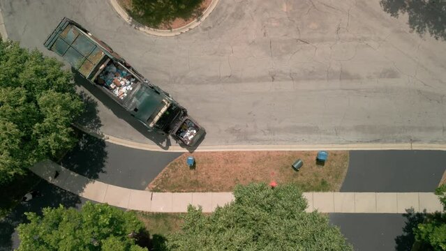 garbage collection for recyclable materials. Aerial drone view 
