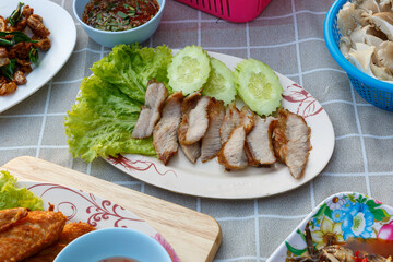 Grilled Pork Neck With Spicy sauce, Thai Food.