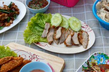Grilled Pork Neck With Spicy sauce, Thai Food.