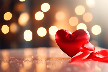 Red heart with ribbon on table with blurred lights background and blurred background. Bright image