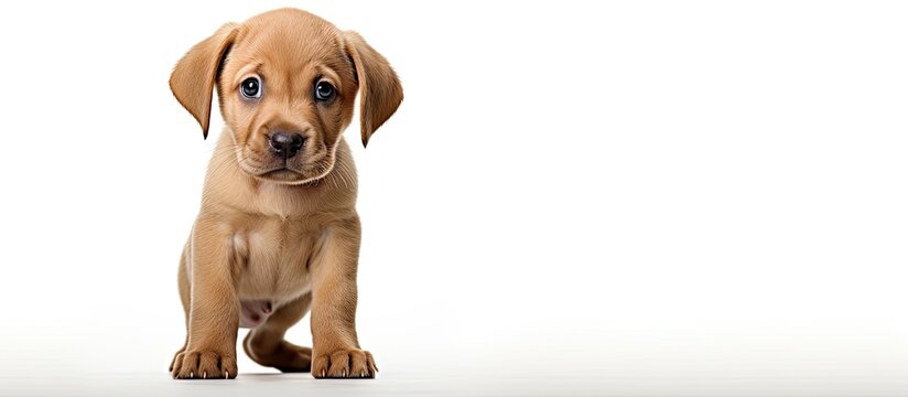 A young Labrador Retriever puppy is upright and observing the approaching individual