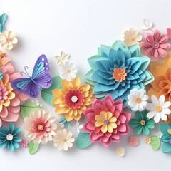 3d rendering paper craft colorful butterfly and flower garden on a white background.