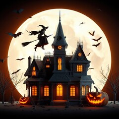 3D Spooky Halloween background design. Haunted house with moonlight 