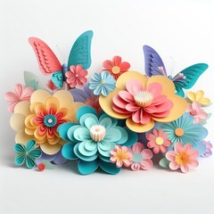 3d rendering paper craft colorful butterfly and flower garden on a white background.