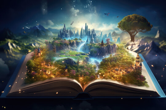 an opening book with fantasy world, worlđ of knowledge and imagination
