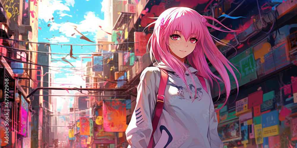 Poster pink anime girl with street background