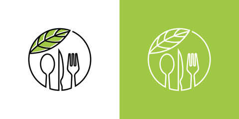 cooking logo design with fork and spoon and knife inside circle and green leaves. icon symbol for health restaurant food