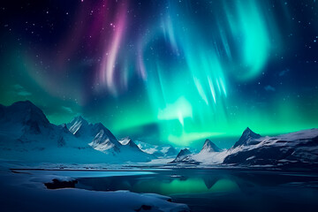 Fototapeta premium Northern lights on the background of a snowy mountains, a beautiful landscape of the north pole. Bright image