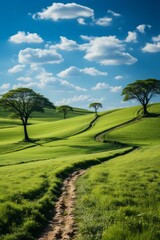 Fototapeta na wymiar Serene hillside with rows of trees under a clear blue sky, Generative AI