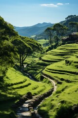  Serene hillside with rows of trees under a clear blue sky, Generative AI
