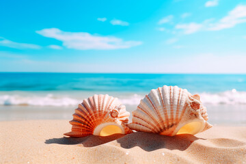 Fototapeta na wymiar Two seashells on a beach with a blue sky in the background. Relaxation on a beach. Bright image