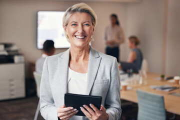 Business, portrait of mature woman with tablet and happy team leader, ceo in office with success. Leadership, smile and corporate employee, senior businesswoman boss in management at digital startup.