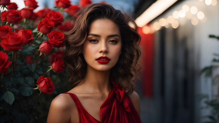 Beautiful young woman with red lips holding a red rose sky background. - obrazy, fototapety, plakaty